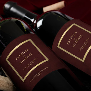 Elegant dark burgundy gold wedding personalized wine label
