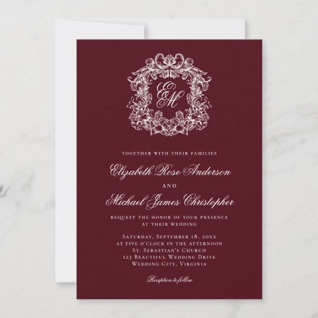 Elegant Dark Burgundy Monogram Crest Wedding Invitation (Front)