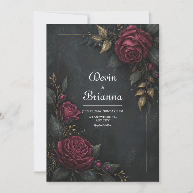 Elegant Dark Burgundy Rose Gilded Leaf Wedding Invitation (Front)