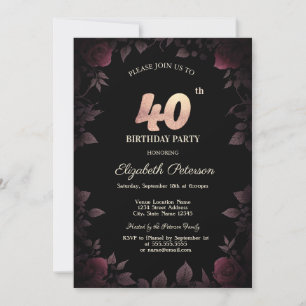 Elegant Dark Burgundy Roses Black 40th Birthday Invitation