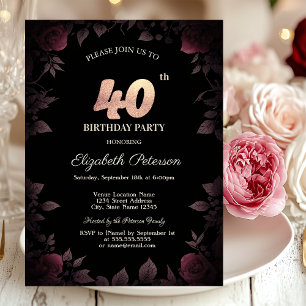 Elegant Dark Burgundy Roses Black 40th Birthday Invitation