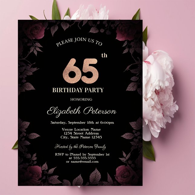 Elegant Dark Burgundy Roses Black 65th Birthday Invitation (Creator Uploaded)