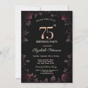 Elegant Dark Burgundy Roses Black 75th Birthday Invitation