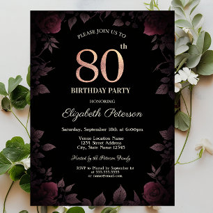 Elegant Dark Burgundy Roses Black 80th Birthday  Invitation