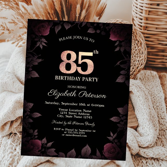 Elegant Dark Burgundy Roses Black 85th Birthday Invitation (Creator Uploaded)