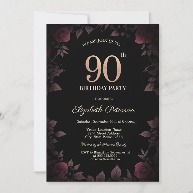 Elegant Dark Burgundy Roses Black 90th Birthday Invitation (Front)