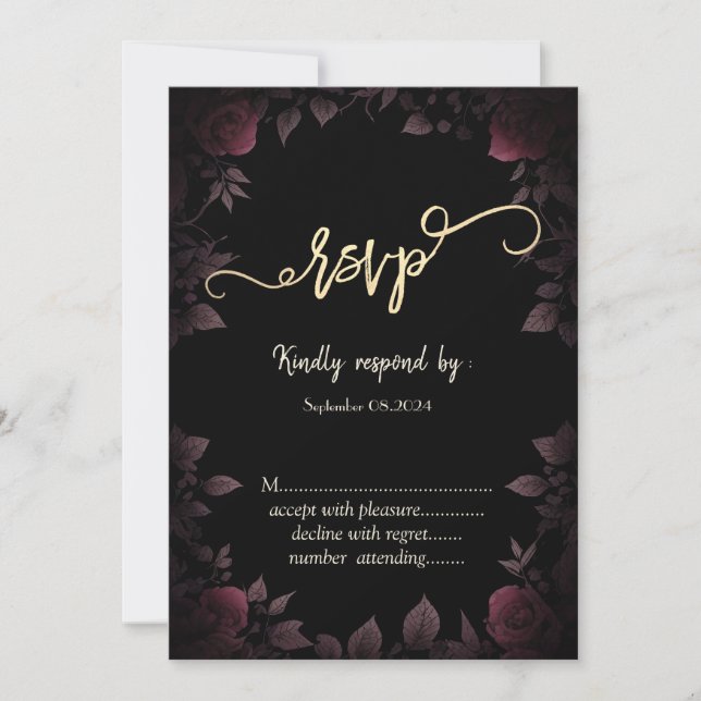 Elegant Dark Burgundy Roses Black RSVP   Invitation (Front)