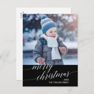 Elegant Dark Calligraphy Merry Christmas Photo Holiday Postcard