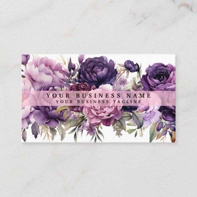 Elegant Dark Deep Purple Flowers Business Cards (Front)
