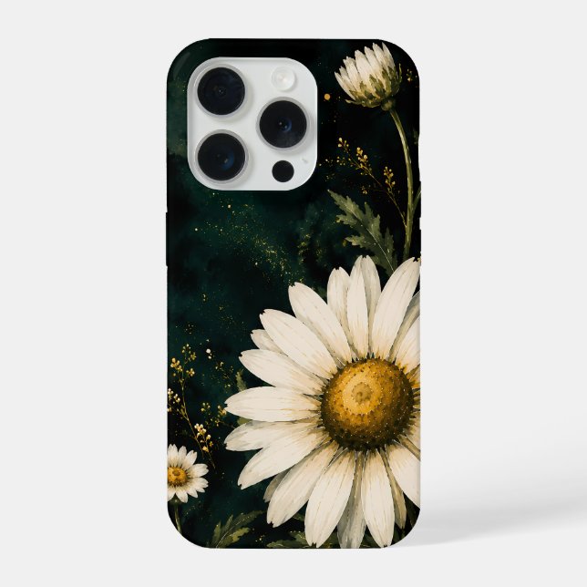 Elegant Dark Emerald Daisy Floral Gold iPhone Case (Back)