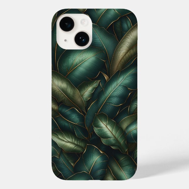 Elegant Dark Emerald Tropical Leaves and Gold Vein Case-Mate iPhone Case (Back)