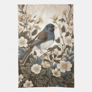 Elegant Dark-eyed Junco Cream Floral Tea Towel