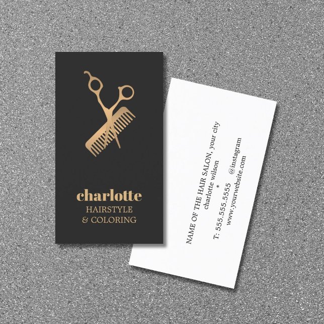 Elegant Dark Faux Gold Scissor Comb Bold Hairsalon Business Card (Creator Uploaded)