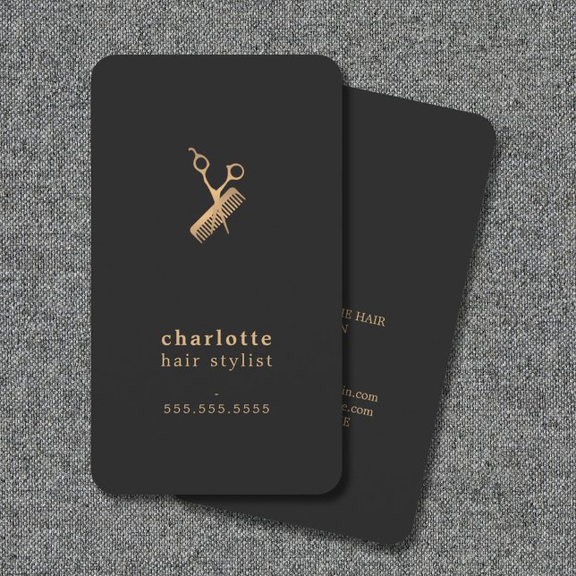 Elegant Dark Faux Gold Scissors Comb Hairstylist Business Card (Creator Uploaded)