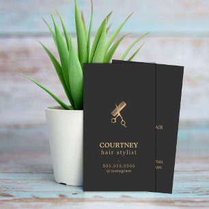 Elegant Dark Faux Gold Scissors Comb Hairstylist Business Card