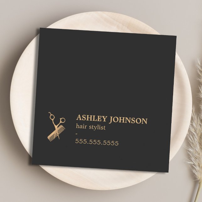 Elegant Dark Faux Gold Scissors Comb Hairstylist Square Business Card (Creator Uploaded)