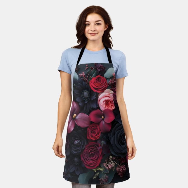 Elegant Dark Floral Arrangement Featuring Roses  Apron (Worn)