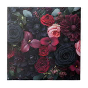 Elegant Dark Floral Arrangement Featuring Roses  Ceramic Tile