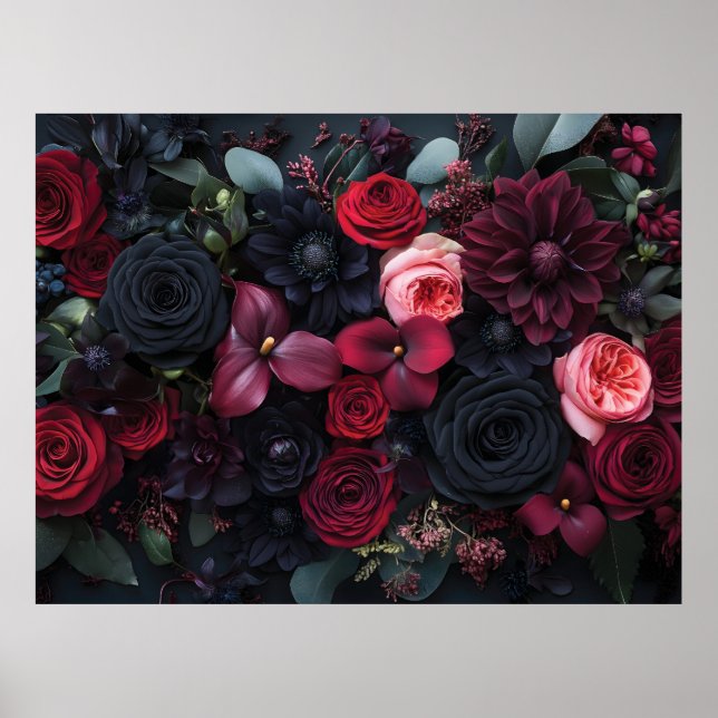 Elegant Dark Floral Arrangement Featuring Roses  Poster (Front)
