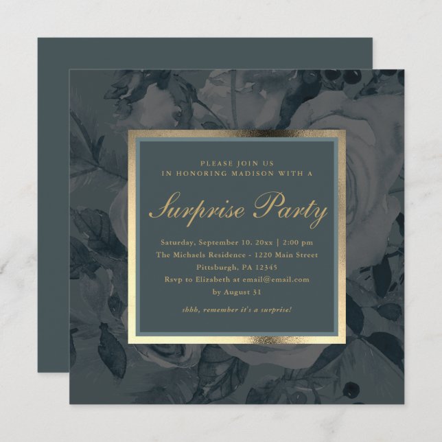Elegant Dark Floral Blue Grey Surprise Party Invitation (Front/Back)