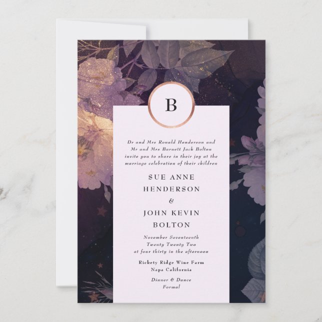 Elegant Dark Floral Boho Fantasy Rose Gold Invitation (Front)