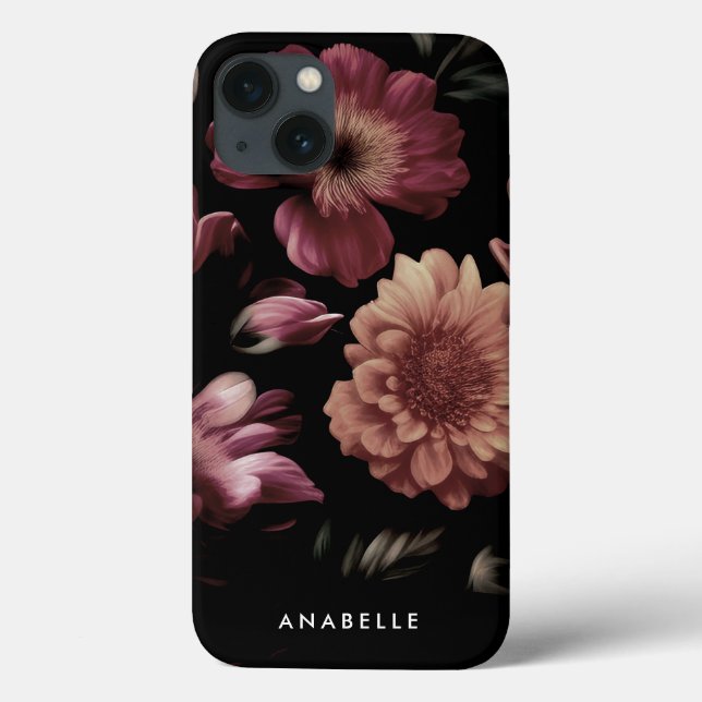 Elegant Dark Floral Botanical Monogram Case-Mate iPhone Case (Back)