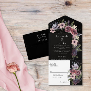 Elegant Dark Floral Cascade Black Burgundy All In One Invitation