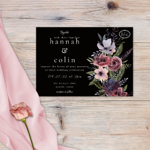 Elegant Dark Floral Cascade Black Burgundy Invitat Invitation