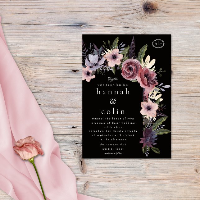 Elegant Dark Floral Cascade Black Burgundy Invitation (Creator Uploaded)