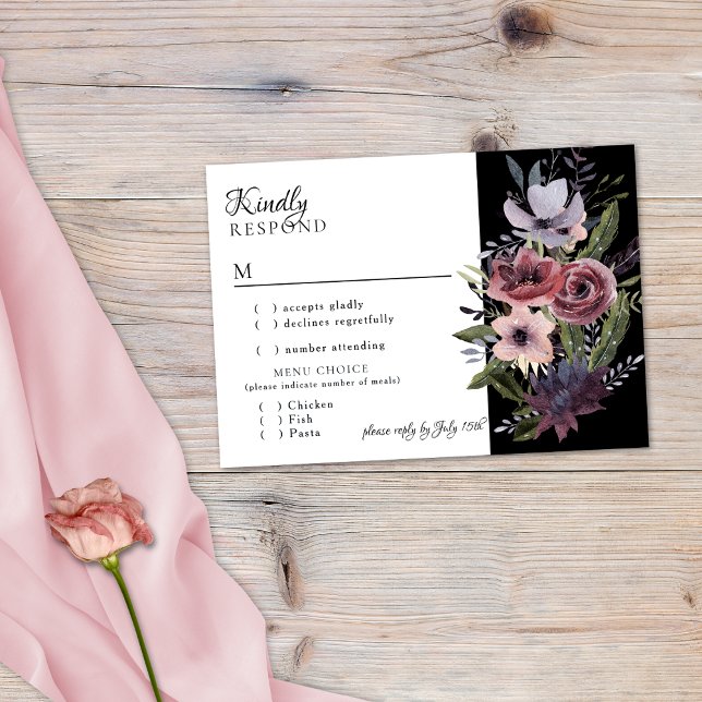 Elegant Dark Floral Cascade Black Burgundy RSVP Ca Card (Creator Uploaded)