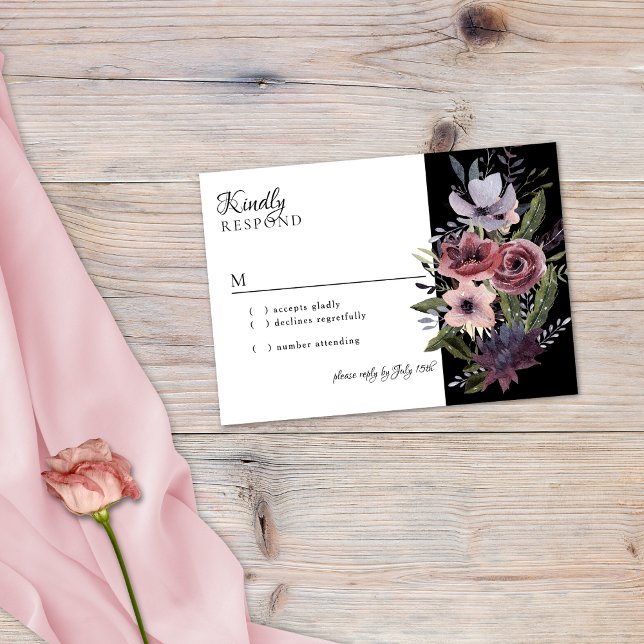 Elegant Dark Floral Cascade Black Burgundy RSVP Card (Creator Uploaded)