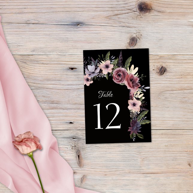Elegant Dark Floral Cascade Black Burgundy Table Number (Creator Uploaded)