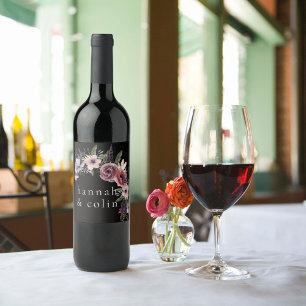 Elegant Dark Floral Cascade Black Burgundy Wine Label