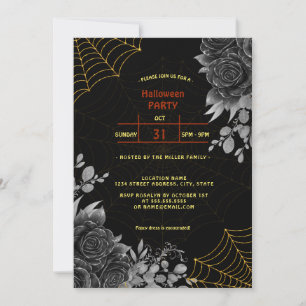 Elegant Dark Floral Cobweb Halloween Costume Party Invitation