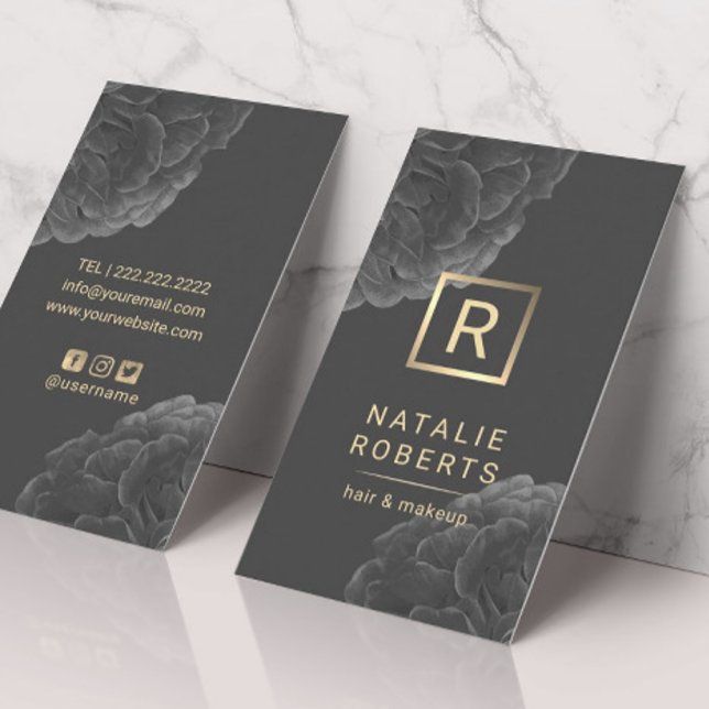 Elegant Dark Floral Gold Monogram Logo Hair Makeup Business Card (Creator Uploaded)