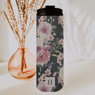 Elegant Dark Floral on Black   Monogram Tumbler