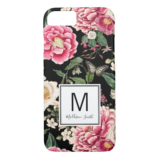 Elegant Dark Floral Pattern Add Your Name Case-Mate iPhone Case (Back)