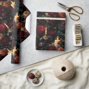 Elegant Dark Floral Pattern with Candles Wrapping Paper