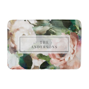 Elegant dark floral peony modern personalised bath mat