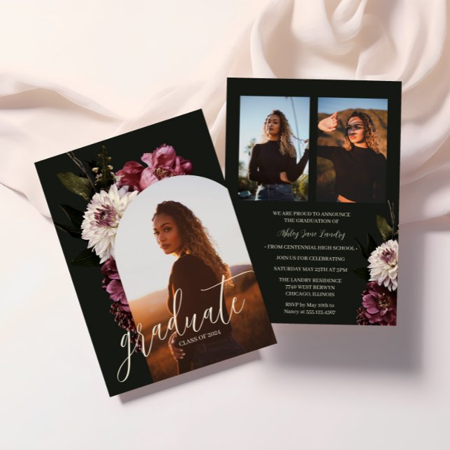 Elegant Dark Floral Photo Graduation Announcement (Creator Uploaded)
