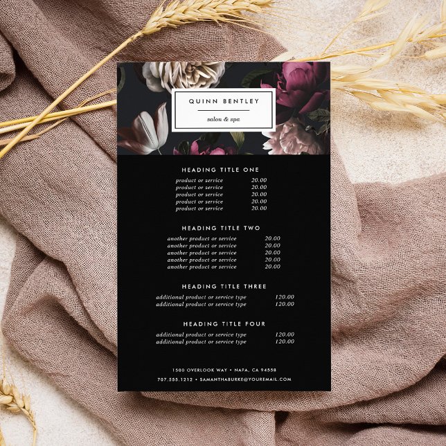 Elegant Dark Floral Pricing & Services Flyer (Creator Uploaded)