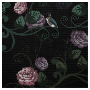 Elegant Dark Floral Rose Garden With Hummingbirds Fabric