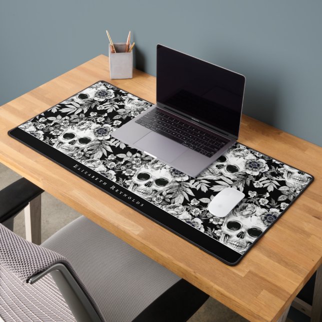 Elegant Dark Floral Skulls on Black Personalised Desk Mat (Office 2)