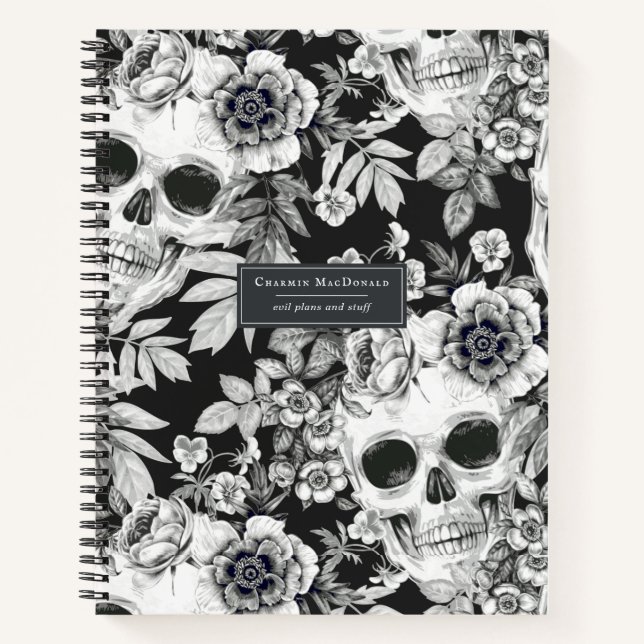 Elegant Dark Floral Skulls on Black Personalised Notebook (Front)
