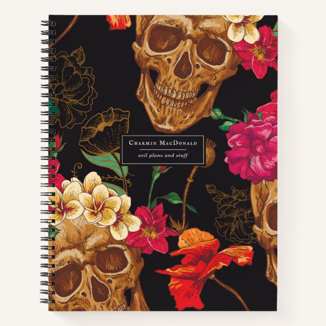 Elegant Dark Floral Skulls on Black Personalised Notebook (Front)