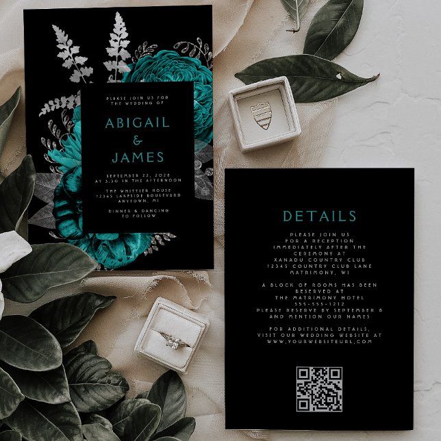 Elegant Dark Floral Teal Silver QR Code Wedding Invitation (Creator Uploaded)