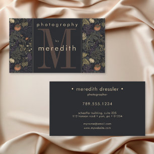 Elegant Dark Floral William Morris Monogram Business Card