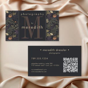 Elegant Dark Floral William Morris Monogram QR Business Card