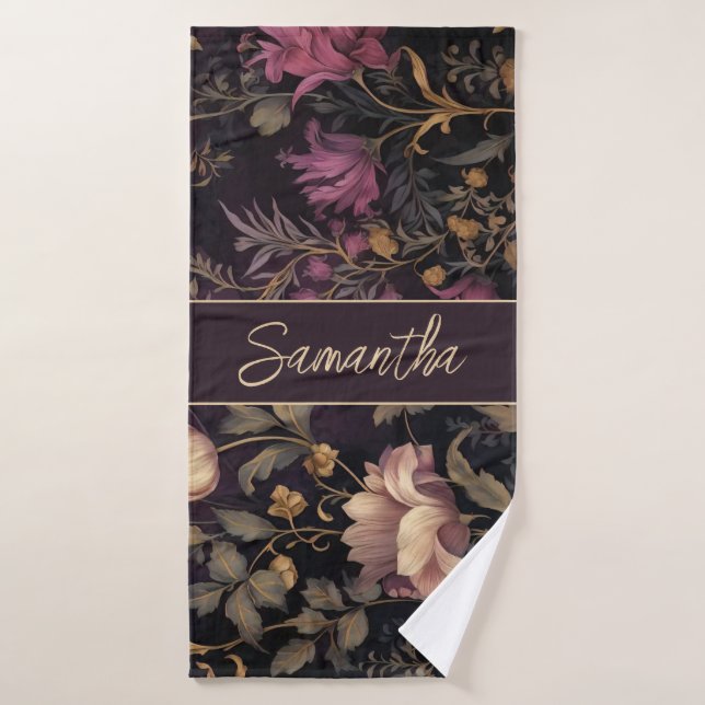elegant dark flower pattern with name bath towel (Bath Towel)