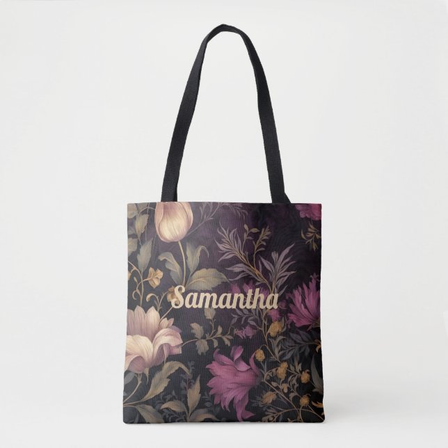 elegant dark flower pattern with name tote bag (Front)